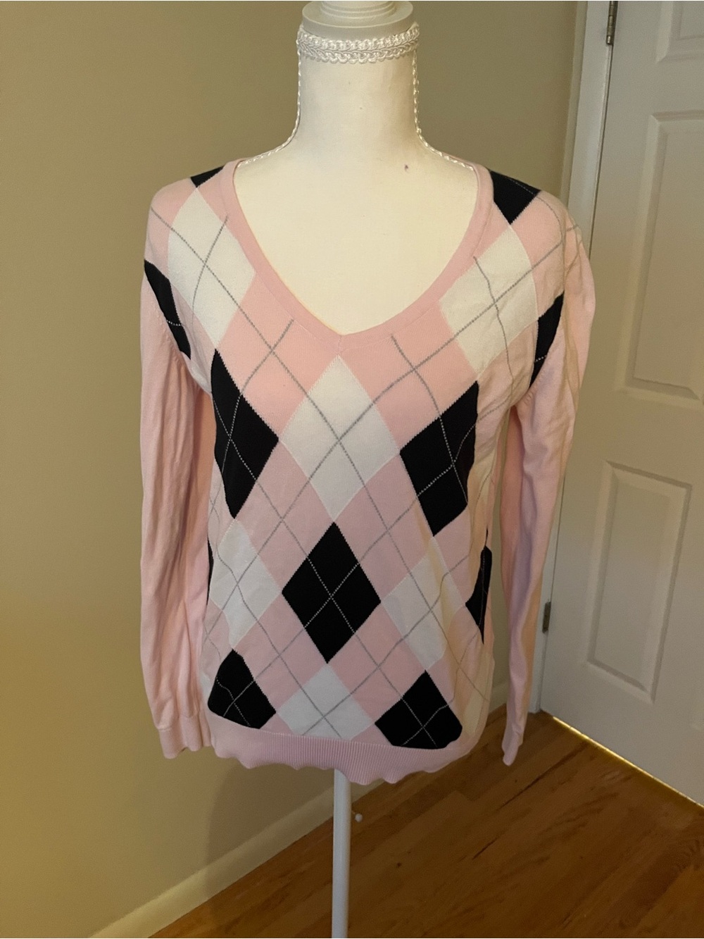 Tommy Hilfiger pink v neck plaid sweater